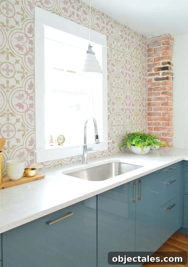 8 Essential Prep Steps Before Tiling 5 Pink Patterned Tile In Blue Kitchen With Exposed Brick Chimney