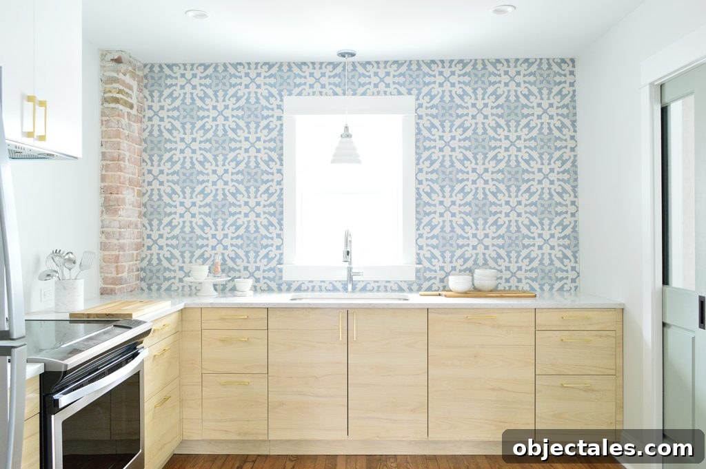 Wood Ikea Kitchen With Exposed Brick Chimney and Blue White Patterned Tile