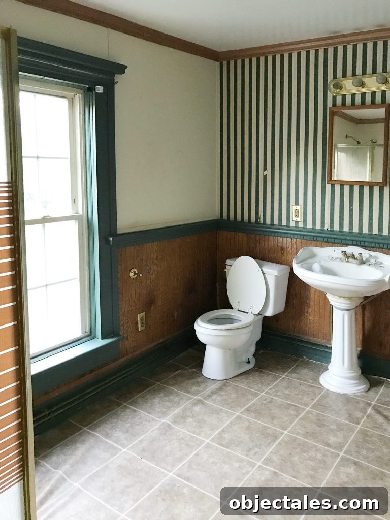 Before bathroom condition with vinyl floor issues