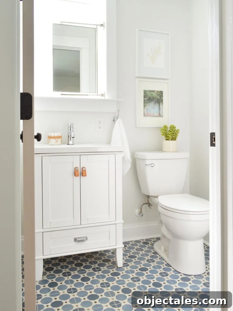 Bathroom vanity and patterned floor tile