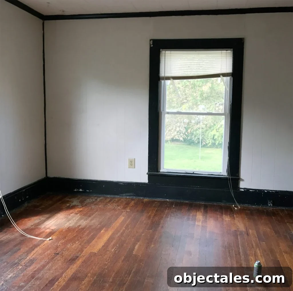 Before photo showing drop ceiling and paneling