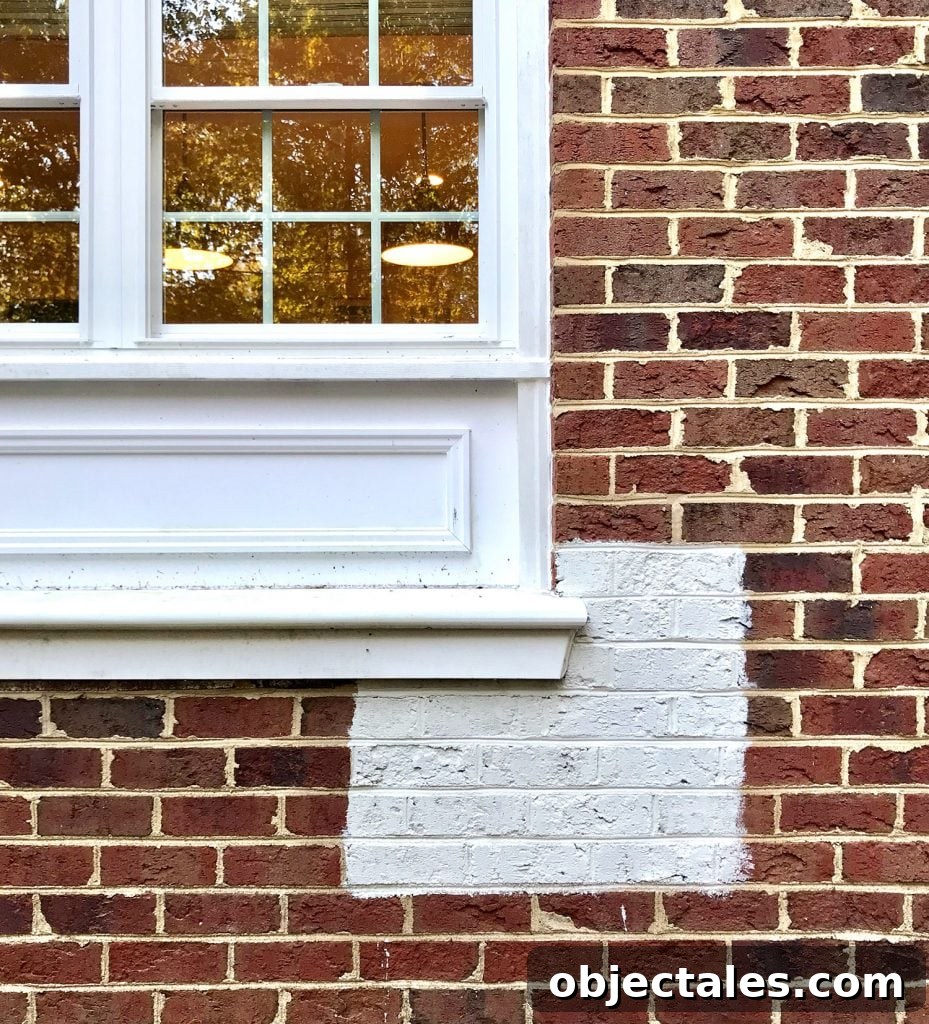 What to Know Before Painting a Brick House 3 This image has an empty alt attribute; its file name is Paint-Brick-White-Large-Sample-On-Brick-929x1024.jpg
