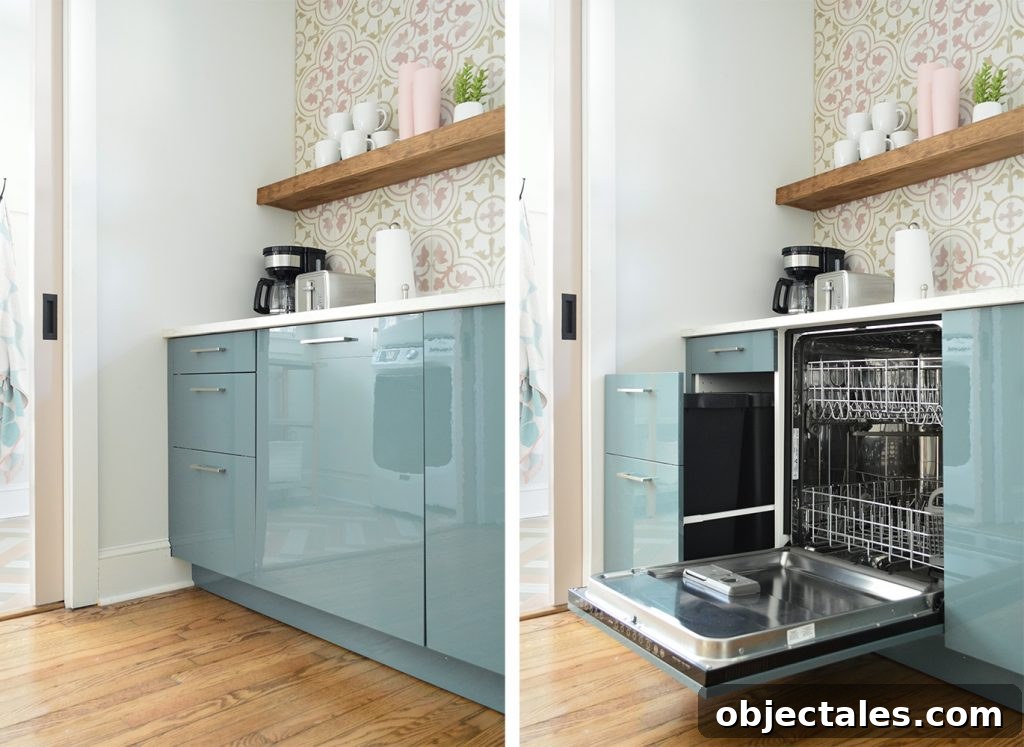 Cabinet Fronted Dishwasher And Trash Can In Ikea Kallarp Kitchen