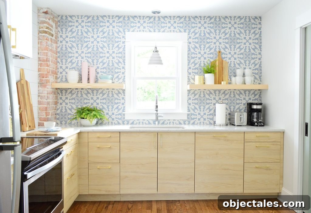 Duplex Kitchen With Blue Backsplash And Light Wood Ikea Cabinets