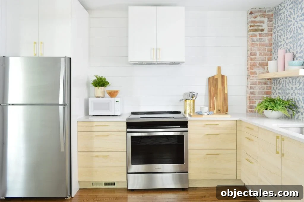 Two Airbnb Kitchen Remodels: Before and After 15 White Planked Wall In Duplex Kitchen With Wood Shelves