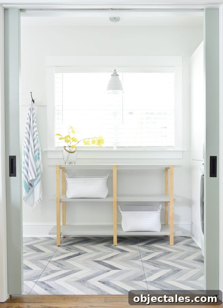 Open Shelf Through Pocket Doors In Duplex Mudroom Laundry