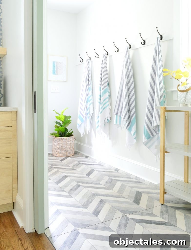 Dupex Mudroom Hook Rail With Beach Towels Chevron Tile Floor