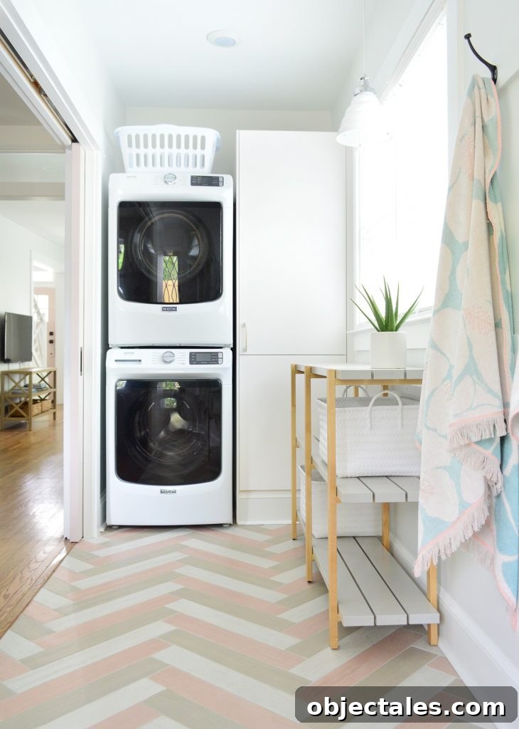 Stacked Washer Dryer In Duplex Laundry Mudroom With Open Shelf