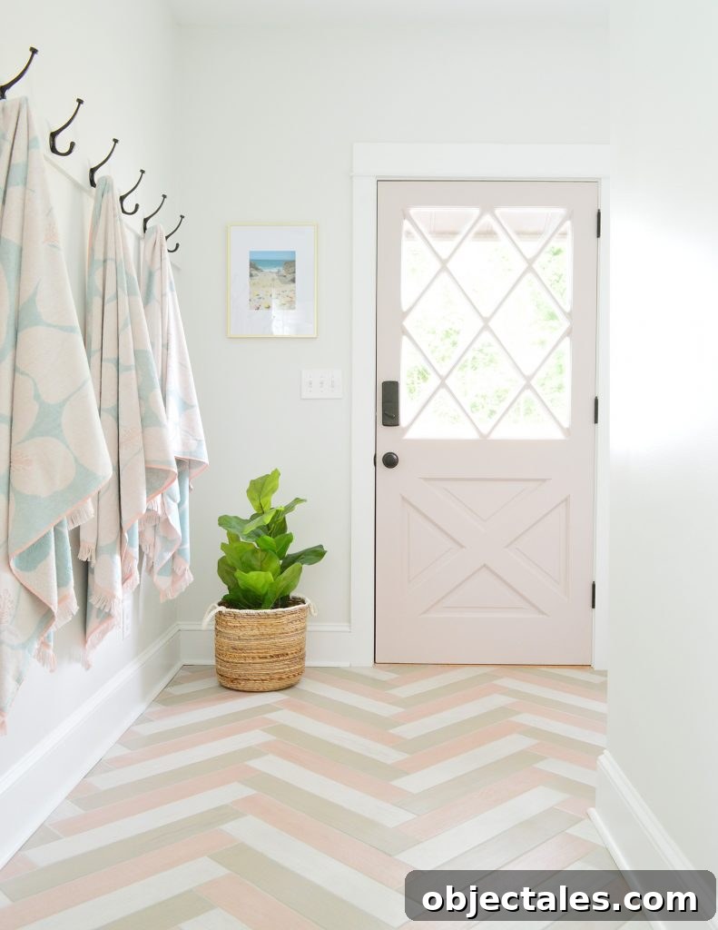 Pink Diamond Door In Mudroom With Herringbone Pink Tile Floor