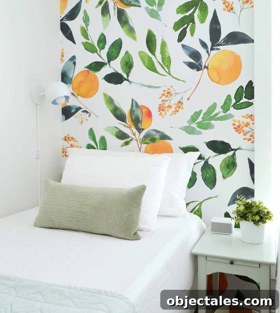 Duplex Sleeping Nook Orange Wall Paper Twin Bed Nightstand Detail
