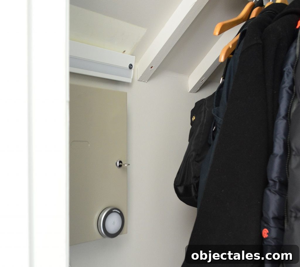 Our First Guests at the Duplex: What Happened 9 closet interior showing fluorescent light and puck light