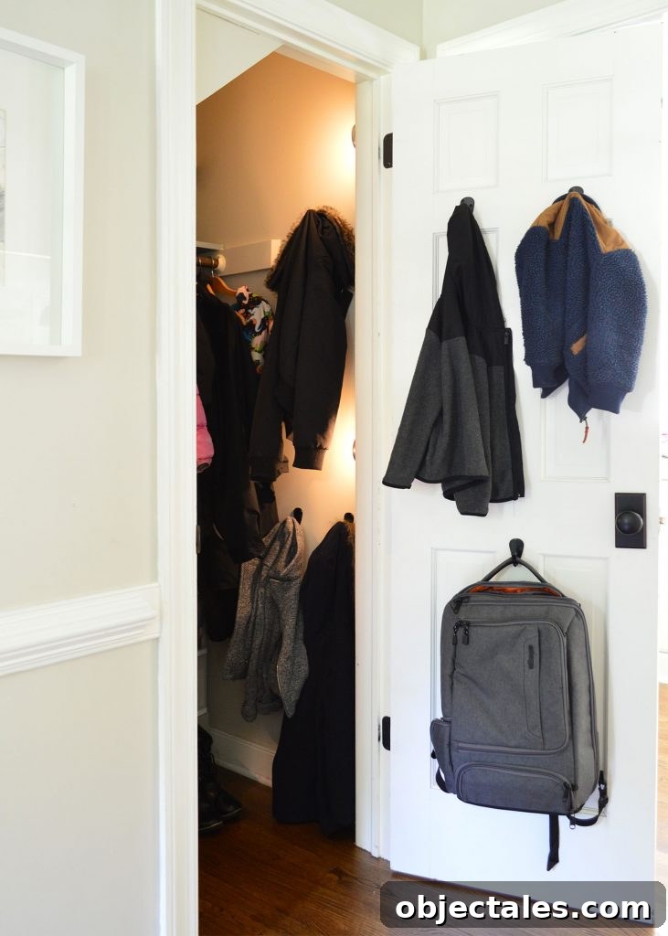 Our First Guests at the Duplex: What Happened 8 coat closet with puck lights