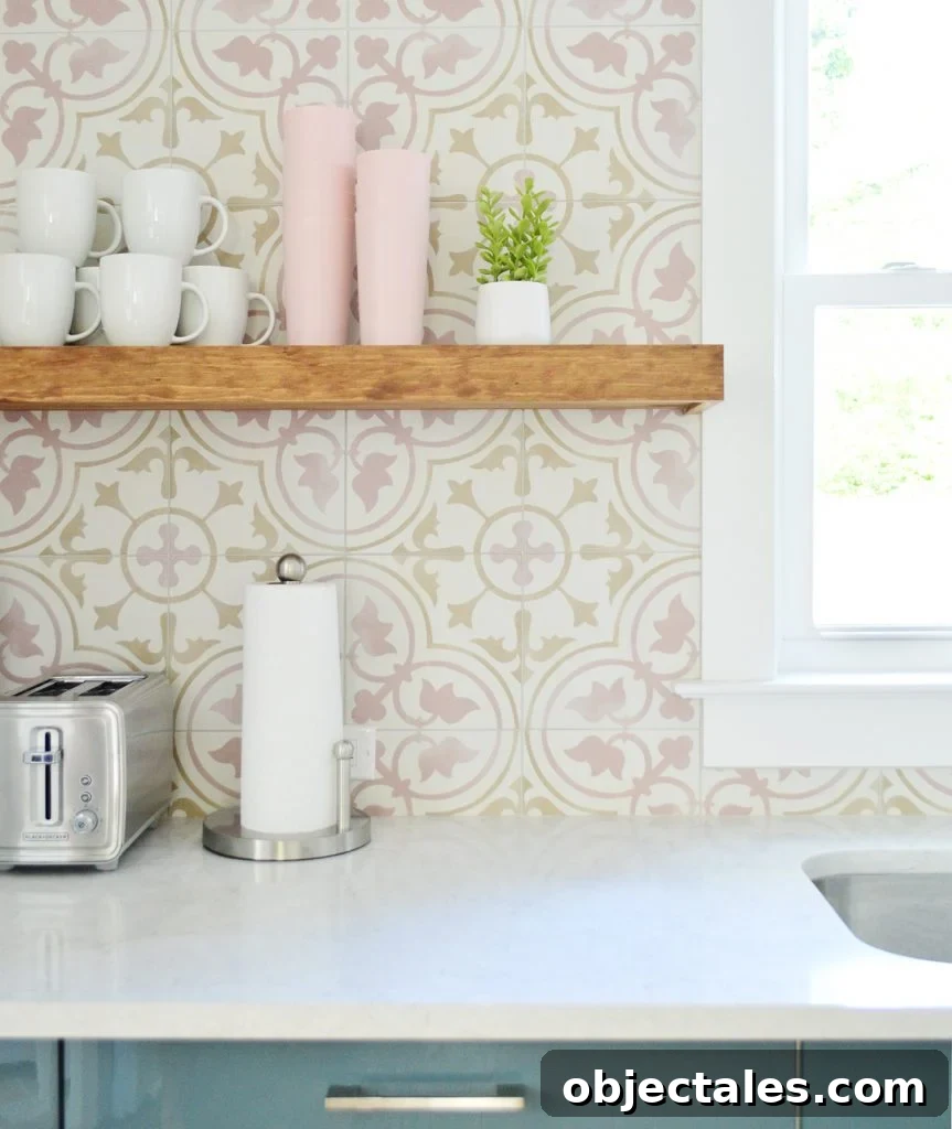 How to Drill Through Tile Without Cracking or Chipping 15 Wood Floating Kitchen Shelf Against Pink Patterned Tile Backsplash