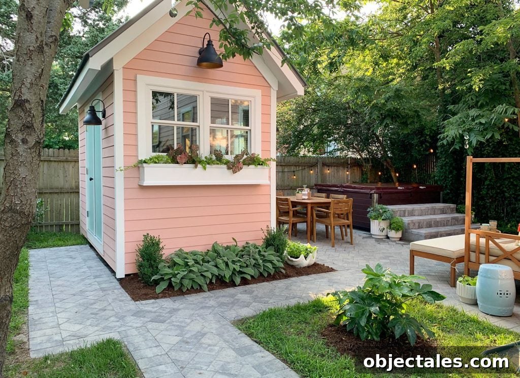 Inside view of the pink shed with shelving