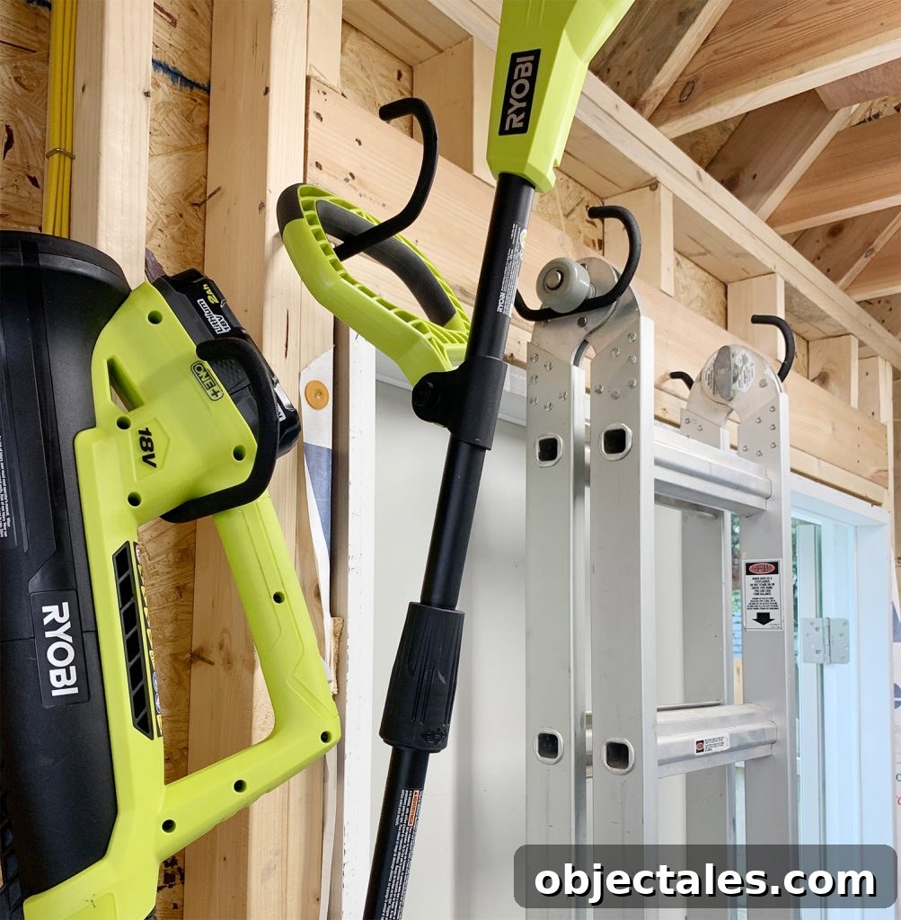 Ladder hung on shed door