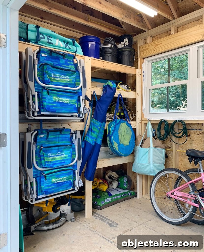 Hanging beach gear inside shed