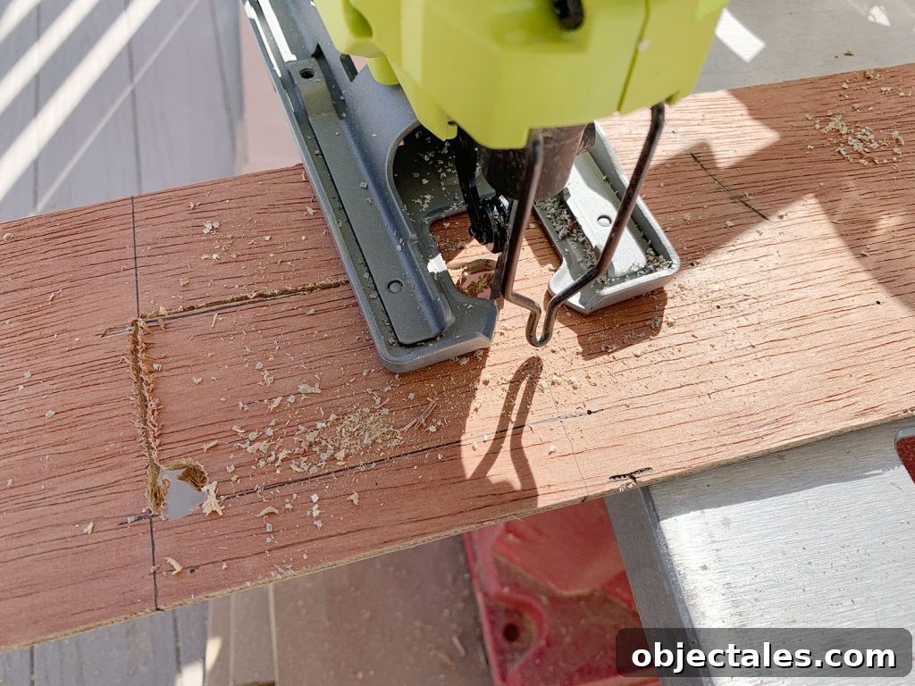 Shiplap Wall Plank Makeover for Just 31 Dollars 17 Cutting Hole In Back of Wood Strip using Jigsaw