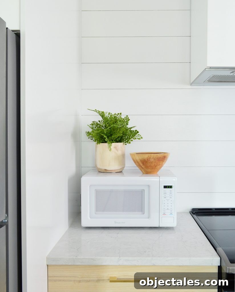Shiplap Wall Plank Makeover for Just 31 Dollars 25 Detail Of Planked Wall In Duplex Kitchen With Counter Microwave