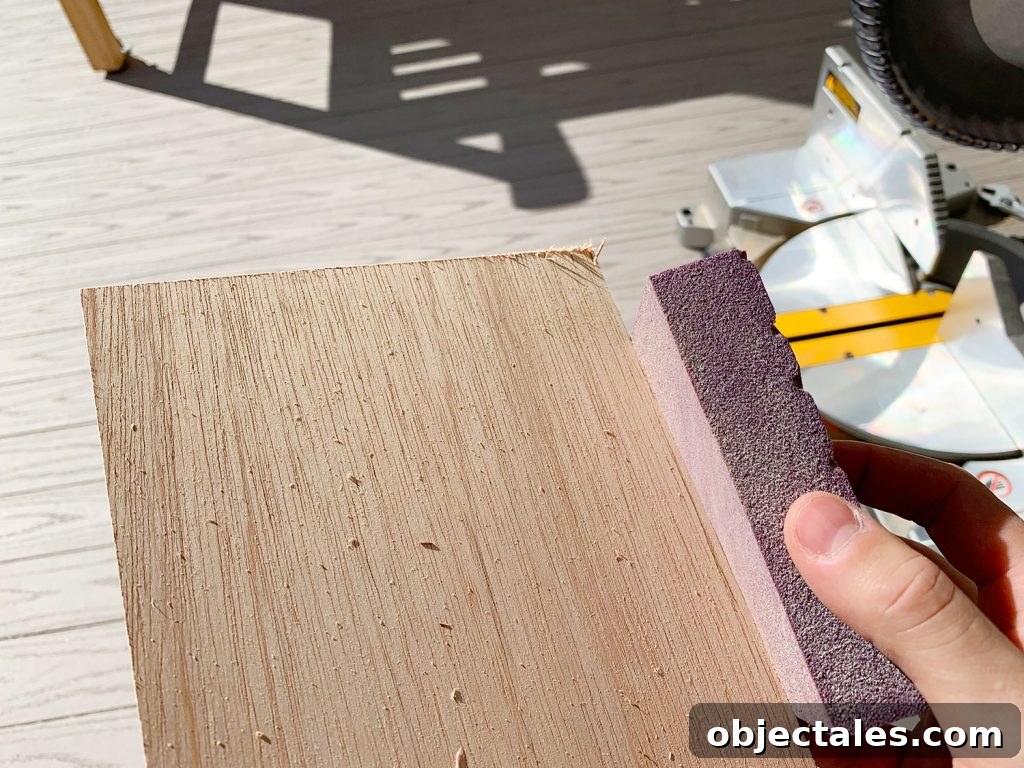 Shiplap Wall Plank Makeover for Just 31 Dollars 9 Sanding Rough Edges Of Wood Panel Strip Using Sanding Block