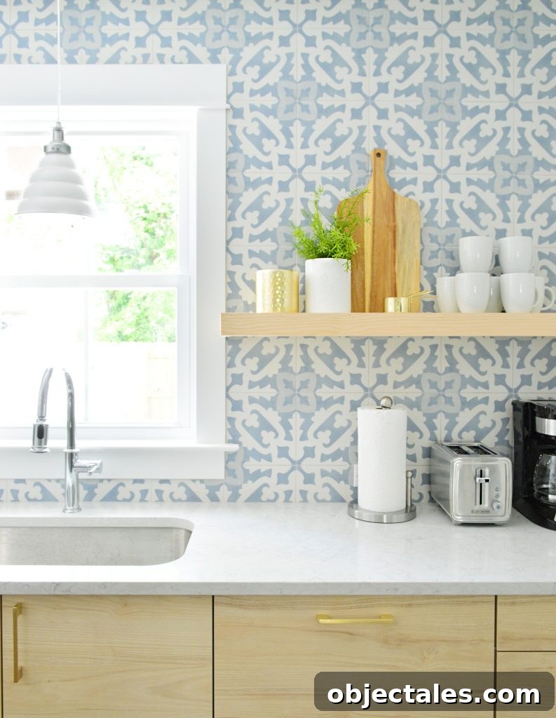 IKEA Kitchen Costs Explained: Complete Pricing Breakdown 2 Wood Colored Opened Shelf Against Blue Tile Backsplash