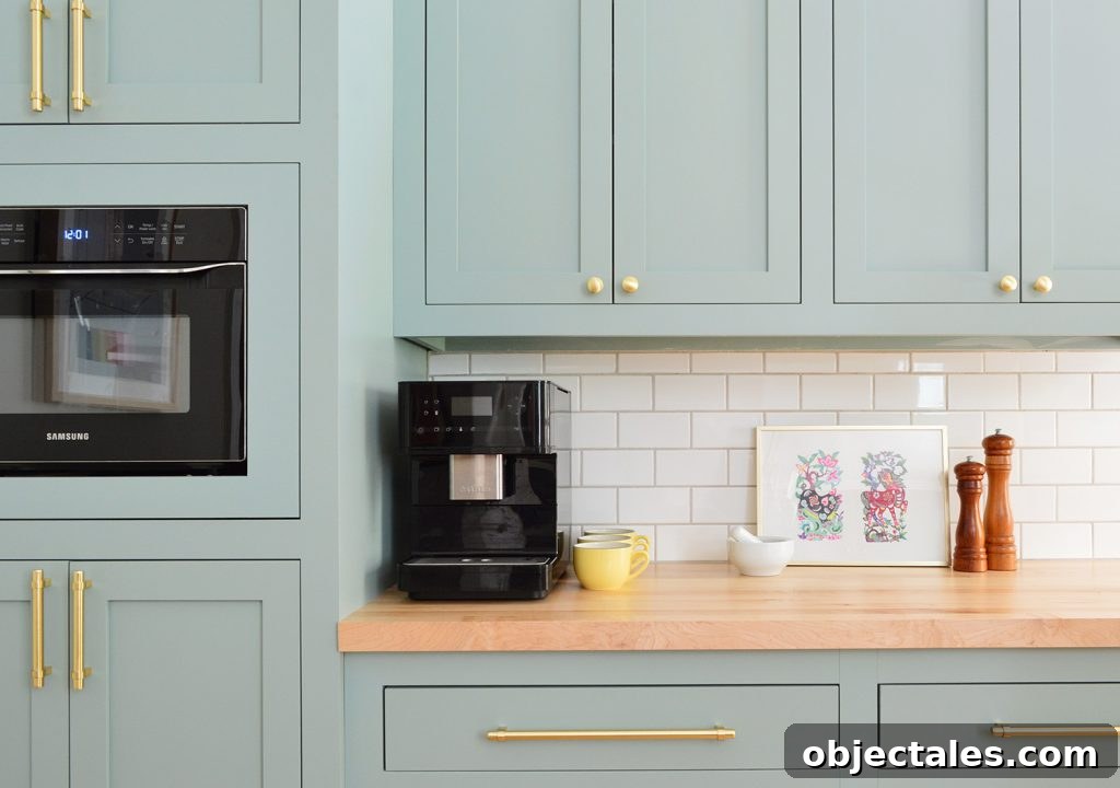 Espresso Machine On Coffee Counter In Halcyon Green Blue Kitchen