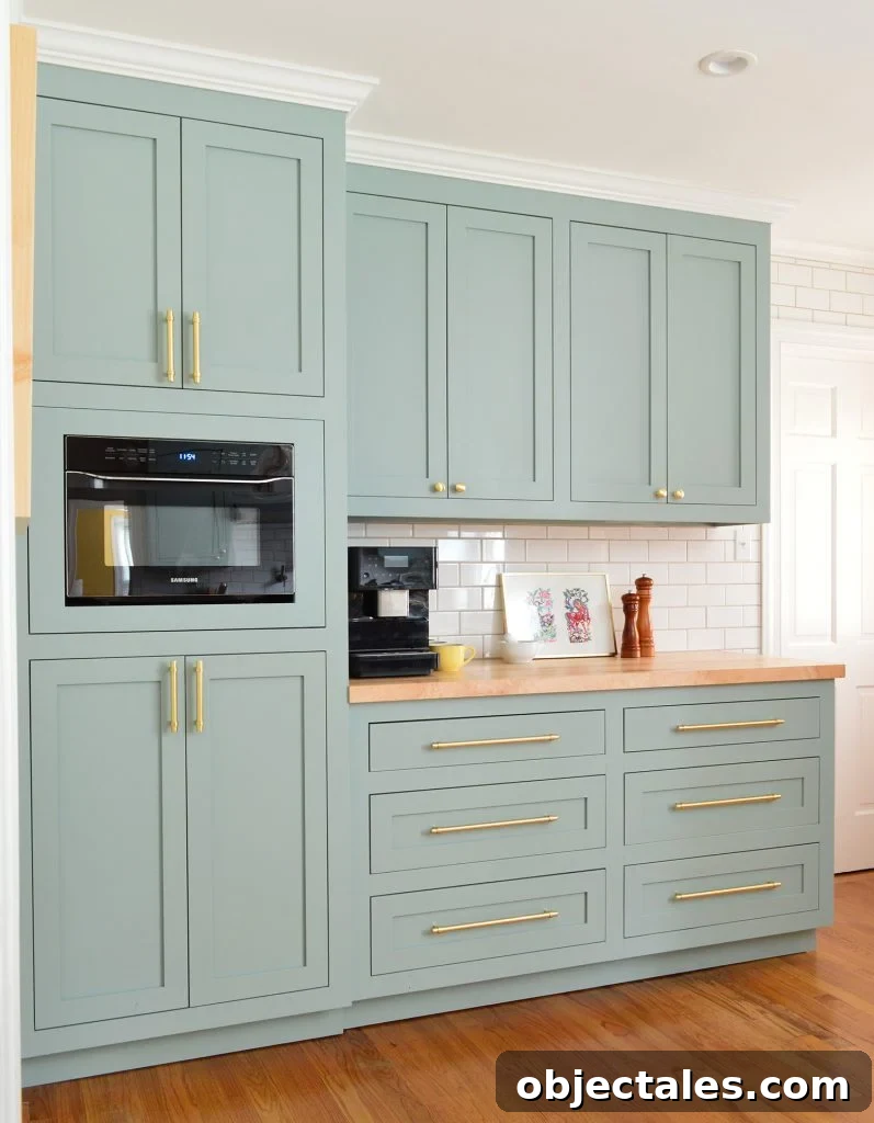 Tall Pantry Cabinets With Coffee Counter In Halcyon Green Blue Kitchen