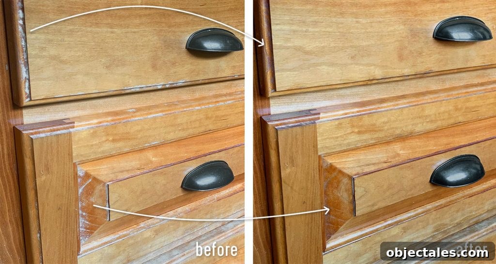 Side By Side Of Wood Cabinet Before And After Stain Pen Refresh