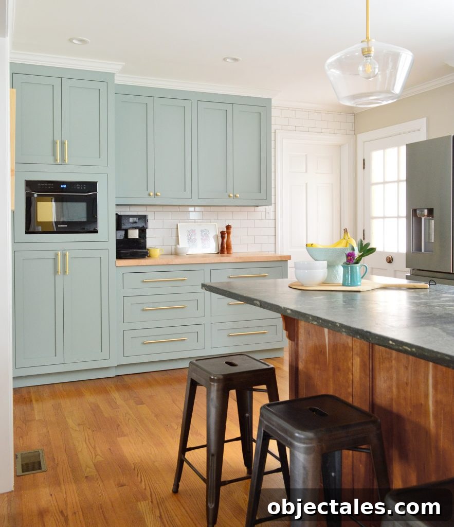 After Photo Of Laundry Area Turned Pantry Cabinets In Halcyon Green Blue Kitchen With Wood Island