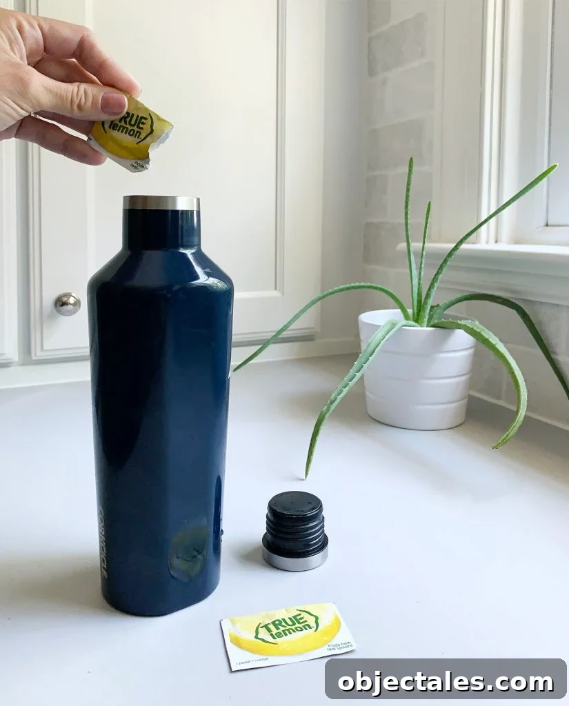 True Lemon packets in a water bottle