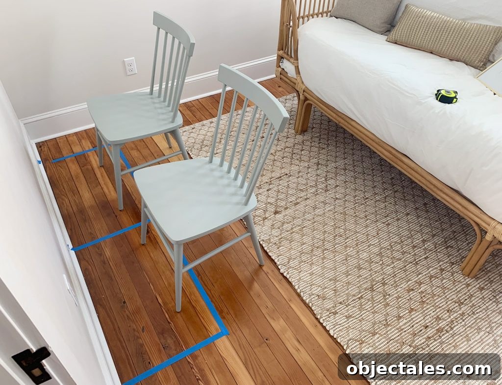 4 Decorating Tricks for a Seamless Home Makeover 8 Taped desk layout on the floor