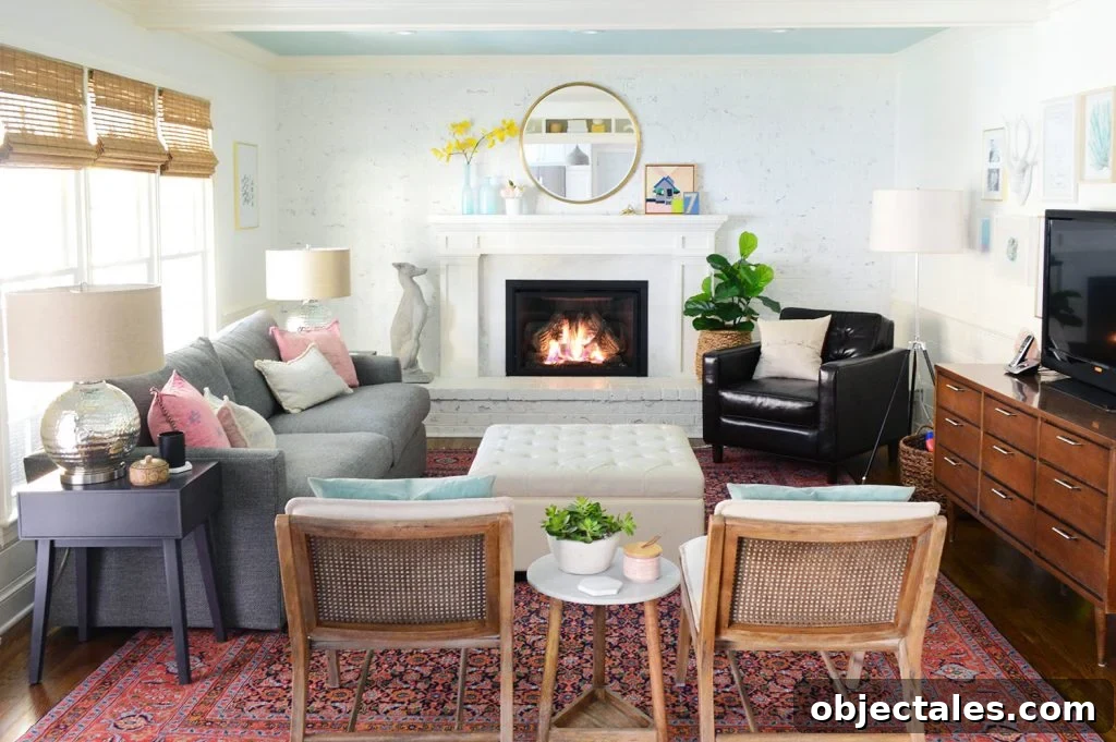 Fireplace in white living room to heat home