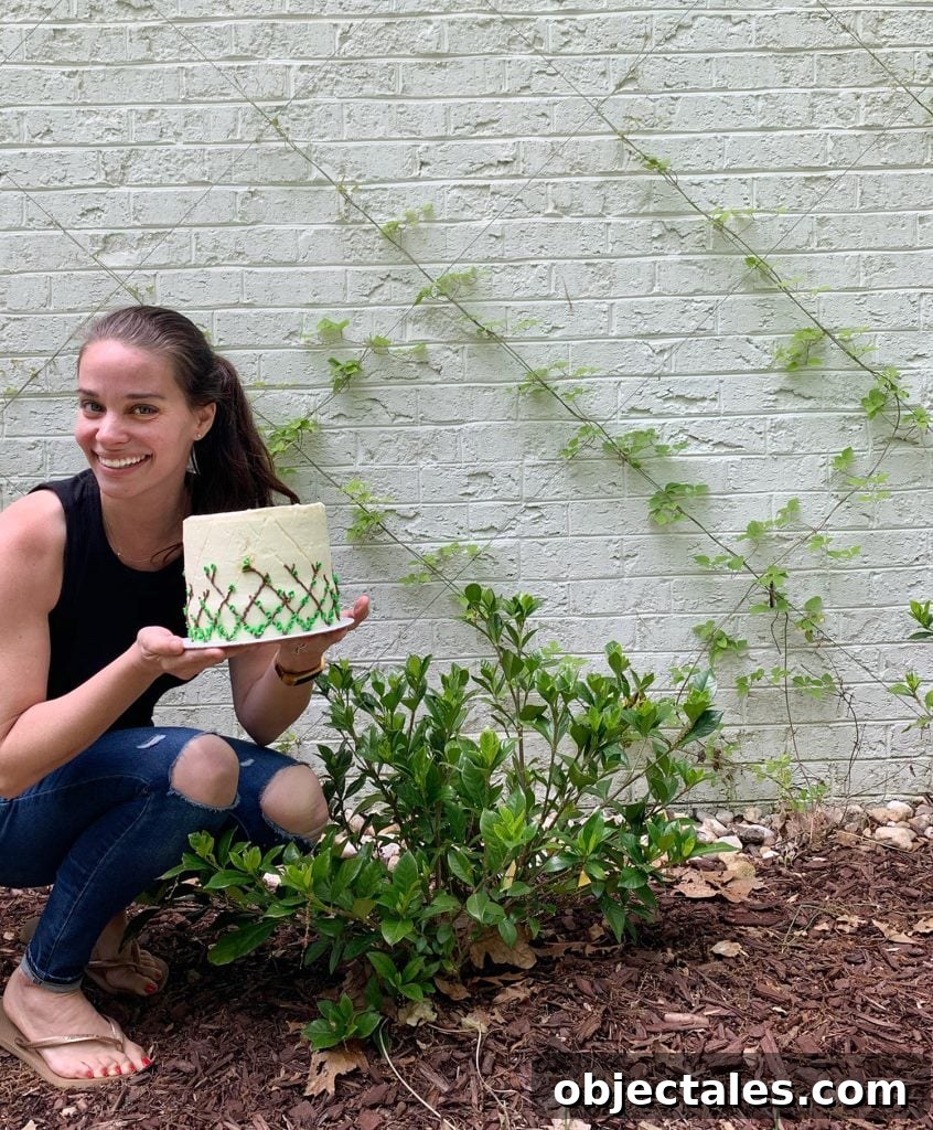 Build a DIY Garden Trellis: Step-by-Step Guide 6 Sherry posing next to wire trellis with vine decorated cake