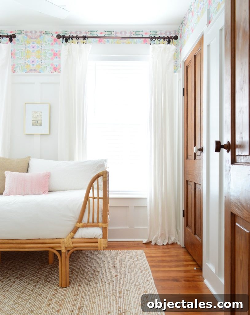 Bedroom With Wood Doors And Peel And Stick Wallpaper With Rattan Daybed