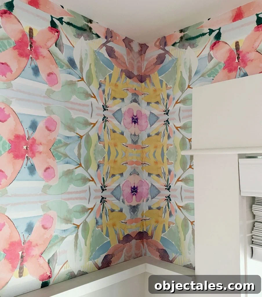 DIY Peel And Stick Wallpaper Installed In Corner Of Room With Crooked Corners