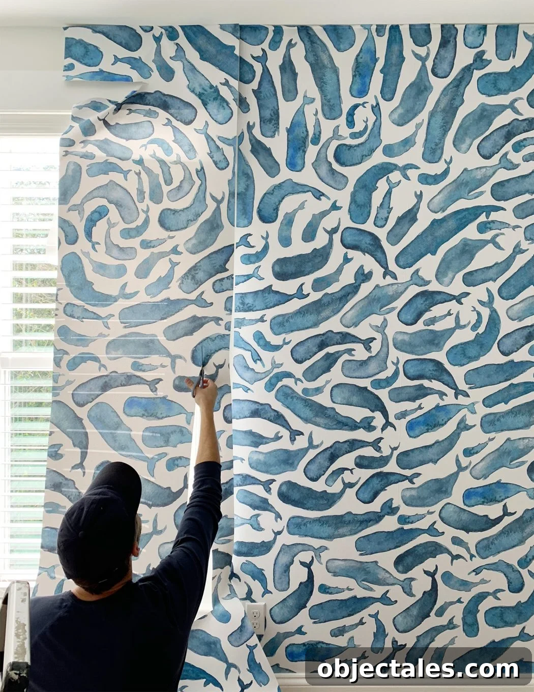 How to Hang Peel-and-Stick Wallpaper: Step-by-Step 17 Sherry Trimming Colorful Blue Whale Wall Mural Around Window