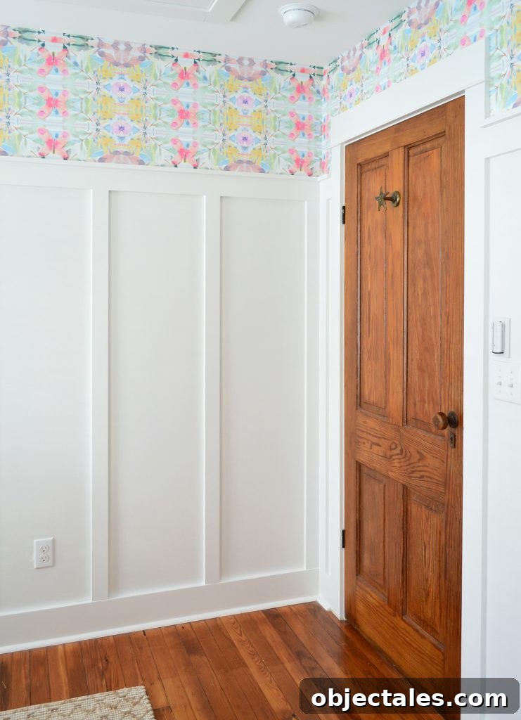 Wood Door In Room With White Board And Batten And Colorful Peel And Stick Wallpaper