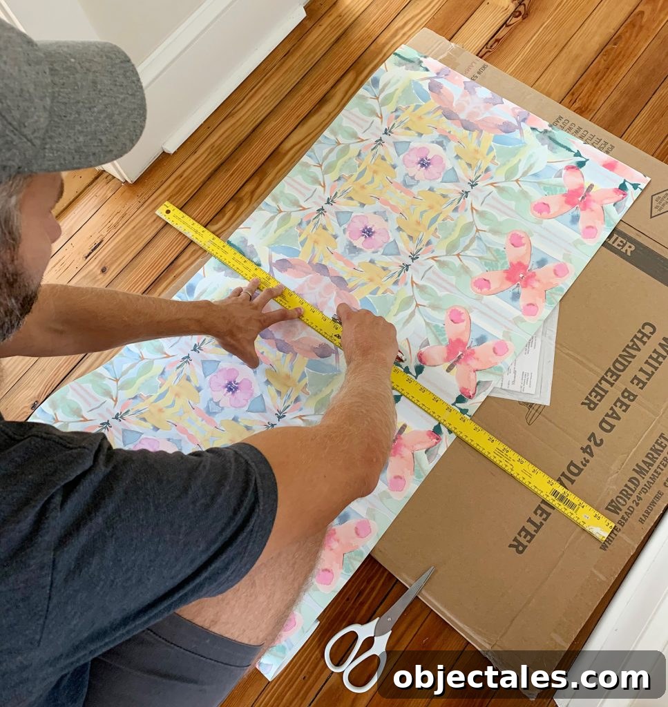 How to Hang Peel-and-Stick Wallpaper: Step-by-Step 9 Cutting Roll Of Peel And Stick Wallpaper With Knife And Ruler