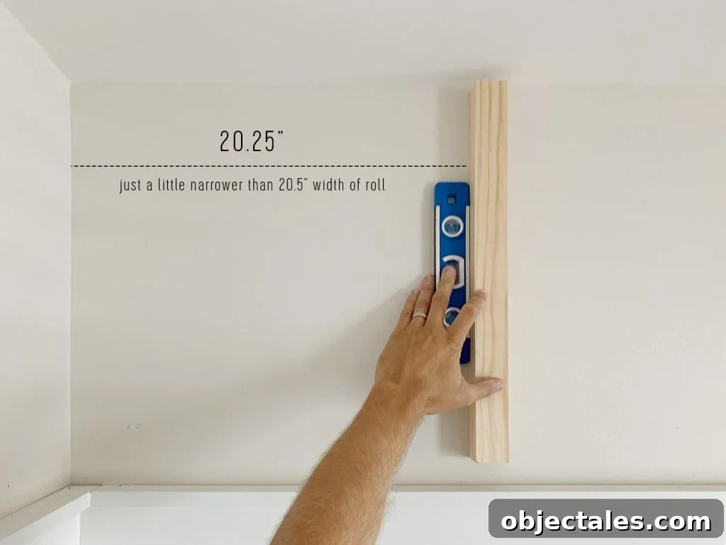 Measuring Vertical Line For First Sheet Of Peel And Stick Wallpaper