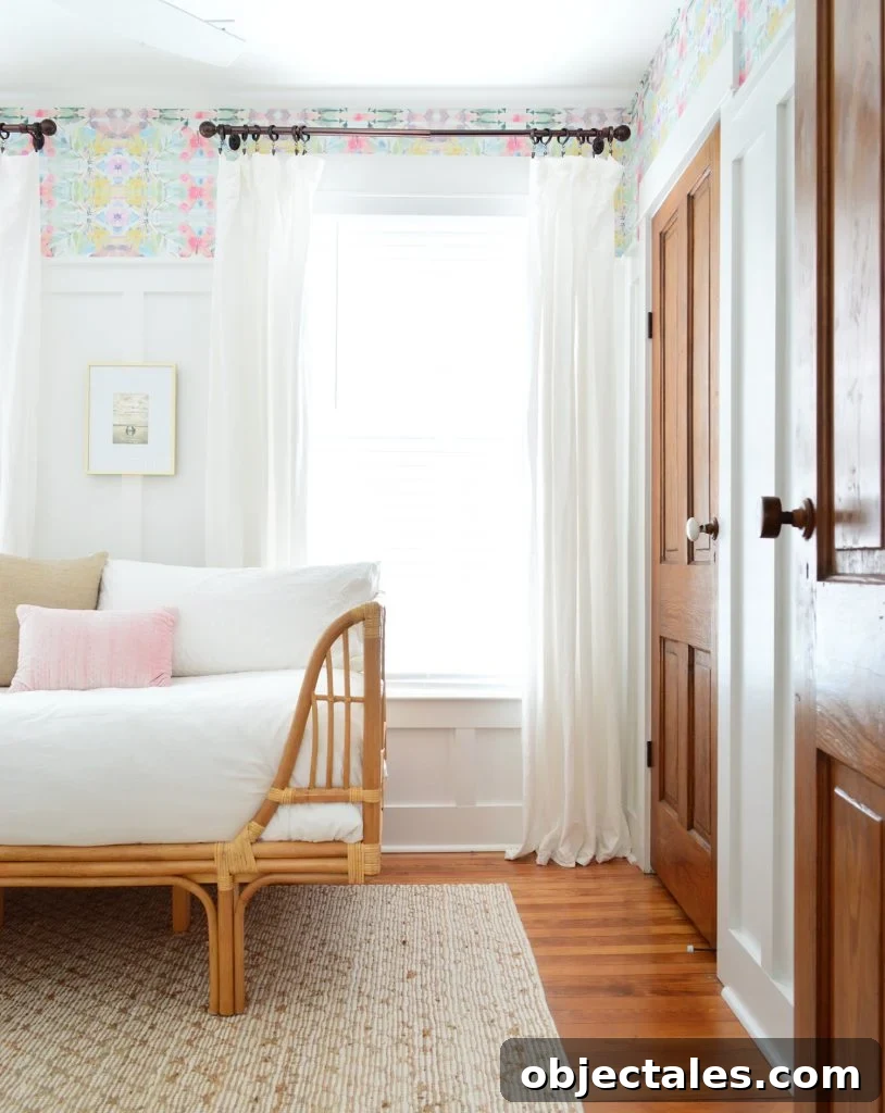Coastal Bedroom with Wallpaper and Board-and-Batten 2 Bedroom With Wood Doors And Peel And Stick Wallpaper With Rattan Daybed
