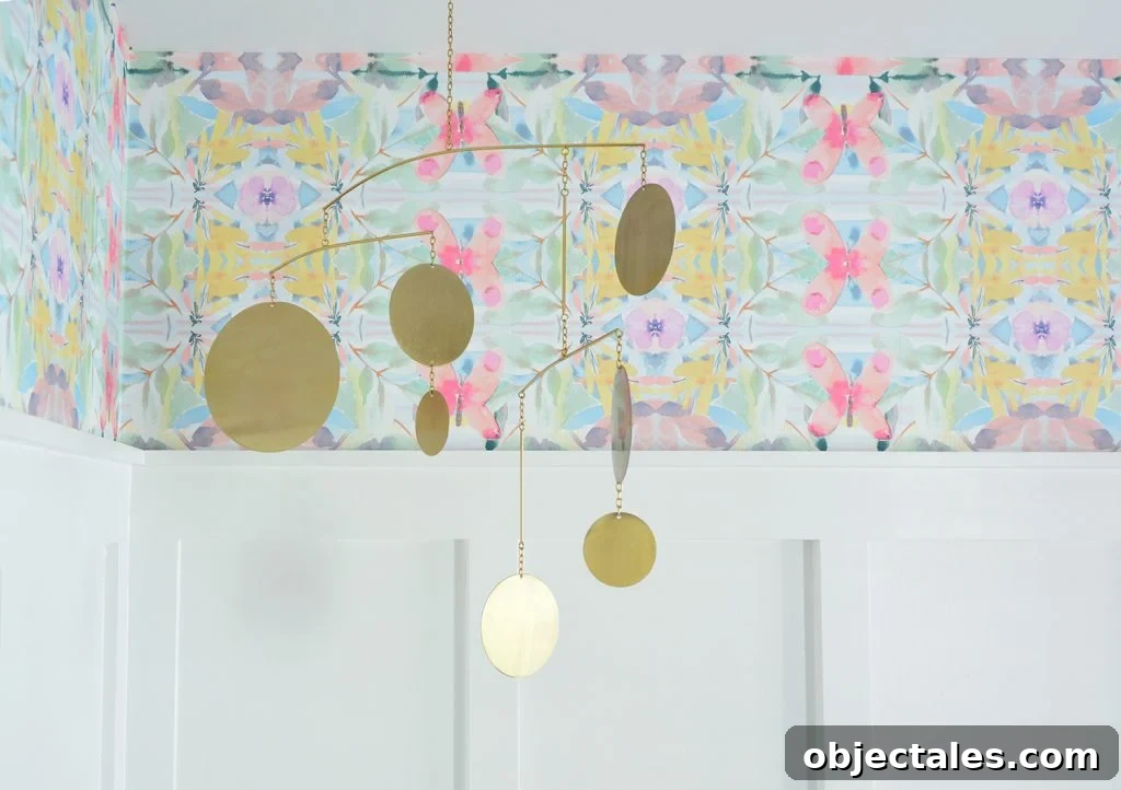 Coastal Bedroom with Wallpaper and Board-and-Batten 7 Detail Of Peel And Stick Wallpaper With Gold Circle Mobile