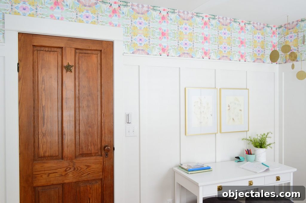 Coastal Bedroom with Wallpaper and Board-and-Batten 9 Wood Door In Bedroom With Colorful Peel And Stick Wallpaper Above Board And Batten