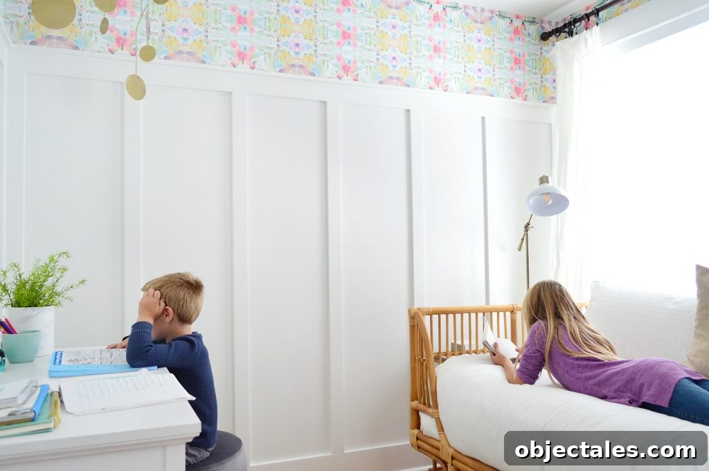 Coastal Bedroom with Wallpaper and Board-and-Batten 5 Kids Lounging In Bedroom With Board And Batten And Wallpaper