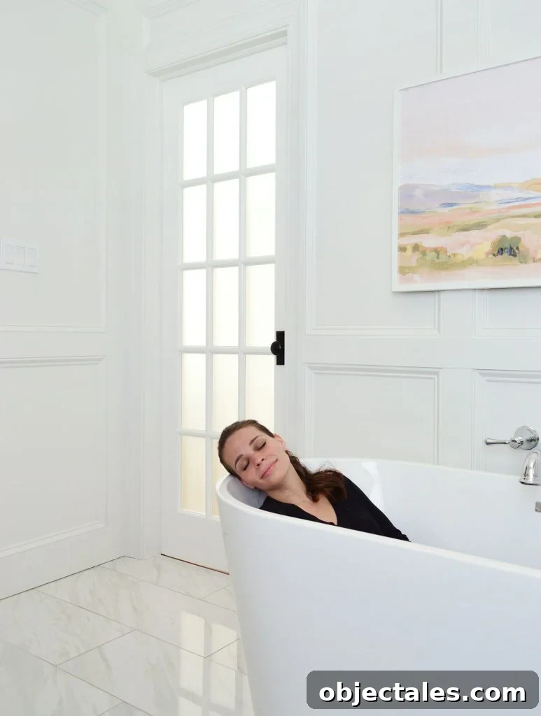 Sherry Relaxing In Freestanding Stub In Renovated Bathroom