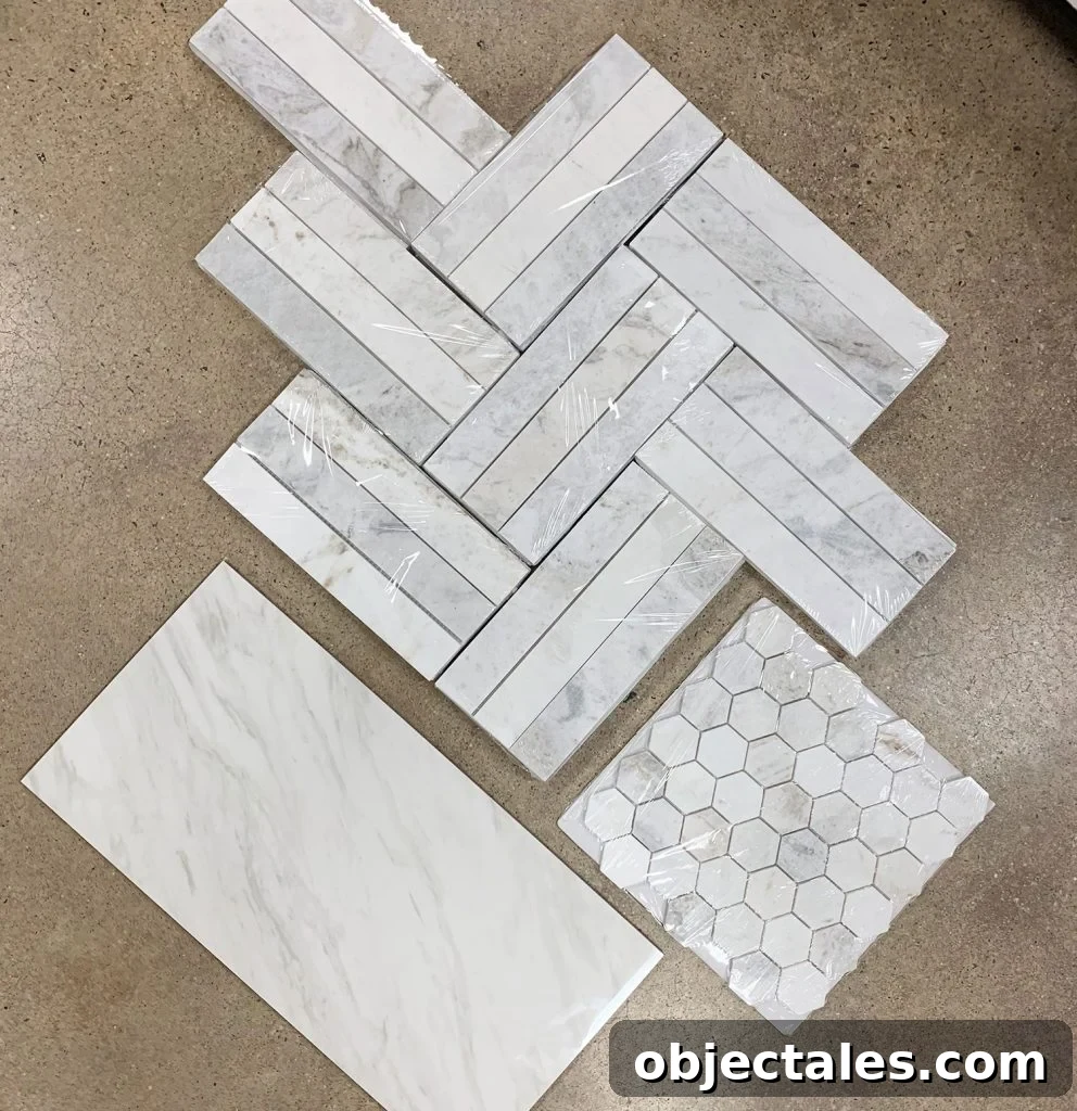 Marble Tile Options Laid Out For Bathroom Renovation