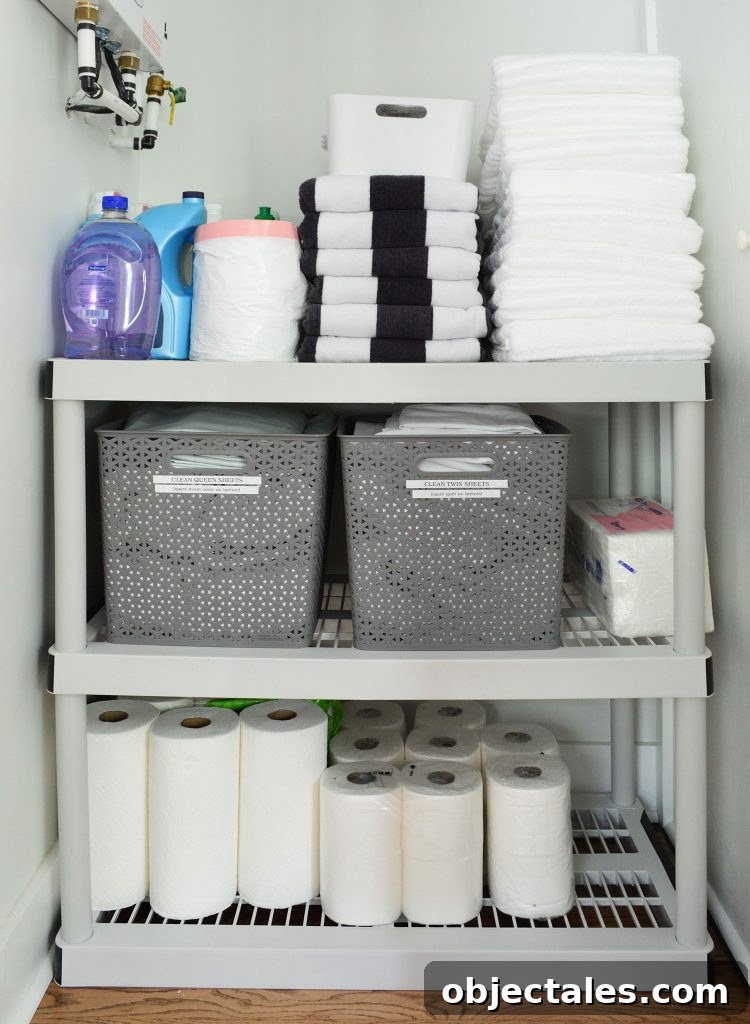 Vacation Rental Costs With Real Numbers for Owners 7 Duplex Owners Closet With Plastic Shelving Labeled Bins