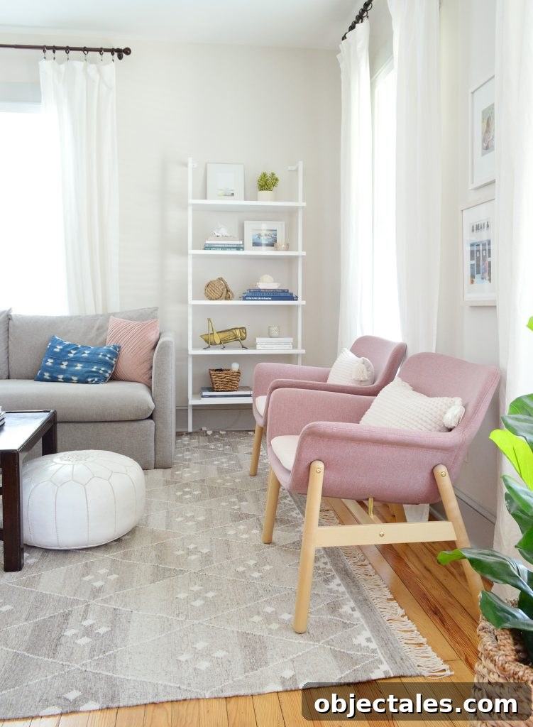 7 Beach House Updates: What We Changed and Why 8 Pink Ikea Chairs And Open Bookcase In Beach House Living Room