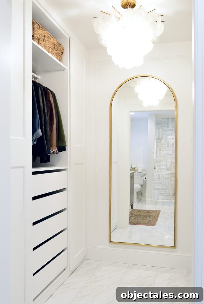 Bathroom and Closet Remodel Reveal 6 Ikea Pax Closet With Arched Brass Mirror In Master Closet