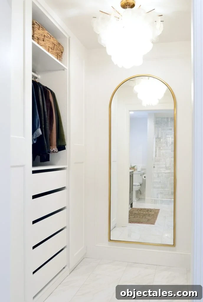 Bathroom and Closet Renovation: Dramatic Before & After 6 Ikea Pax Closet With Arched Brass Mirror In Master Closet