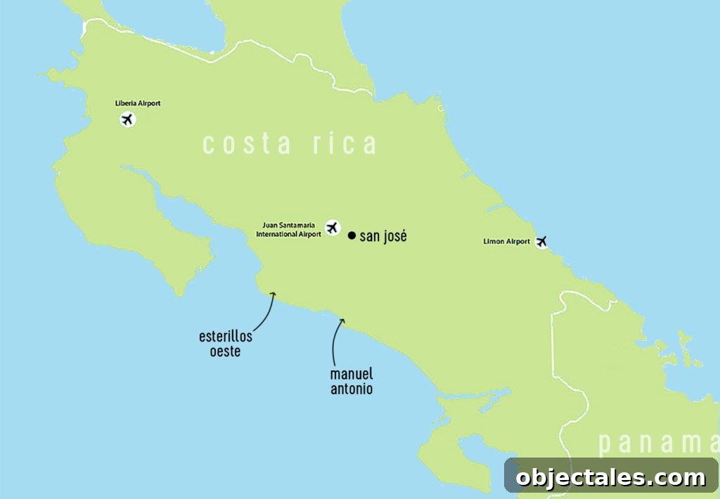 Costa Rica Family Travel: Top Activities and Tips 5 Costa Rica Map With Esterillos Oeste and Manuel Antonio labeled
