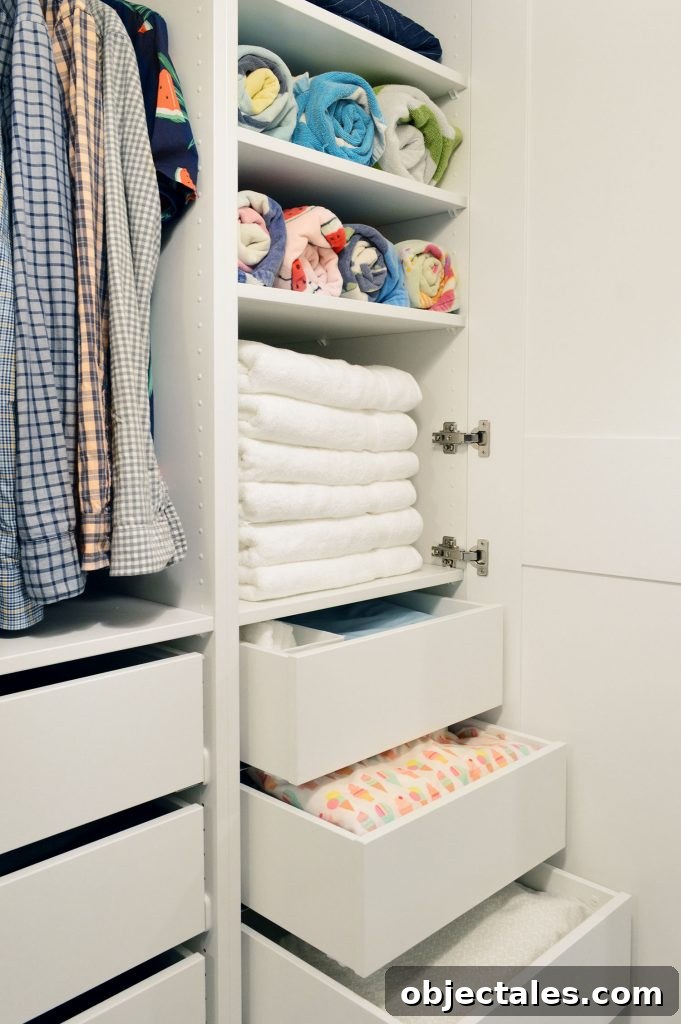 Linen Towel Storage On Shelves And Drawers In Ikea Pax Wardrobe